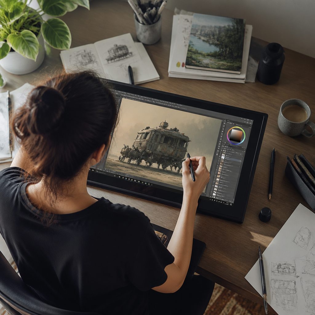 Overhead view of a working illustrator's desk: graphics tablet with stylus, colour swatch strip, printed thumbnail sheet and a monitor showing a half painted planet with its layer panel