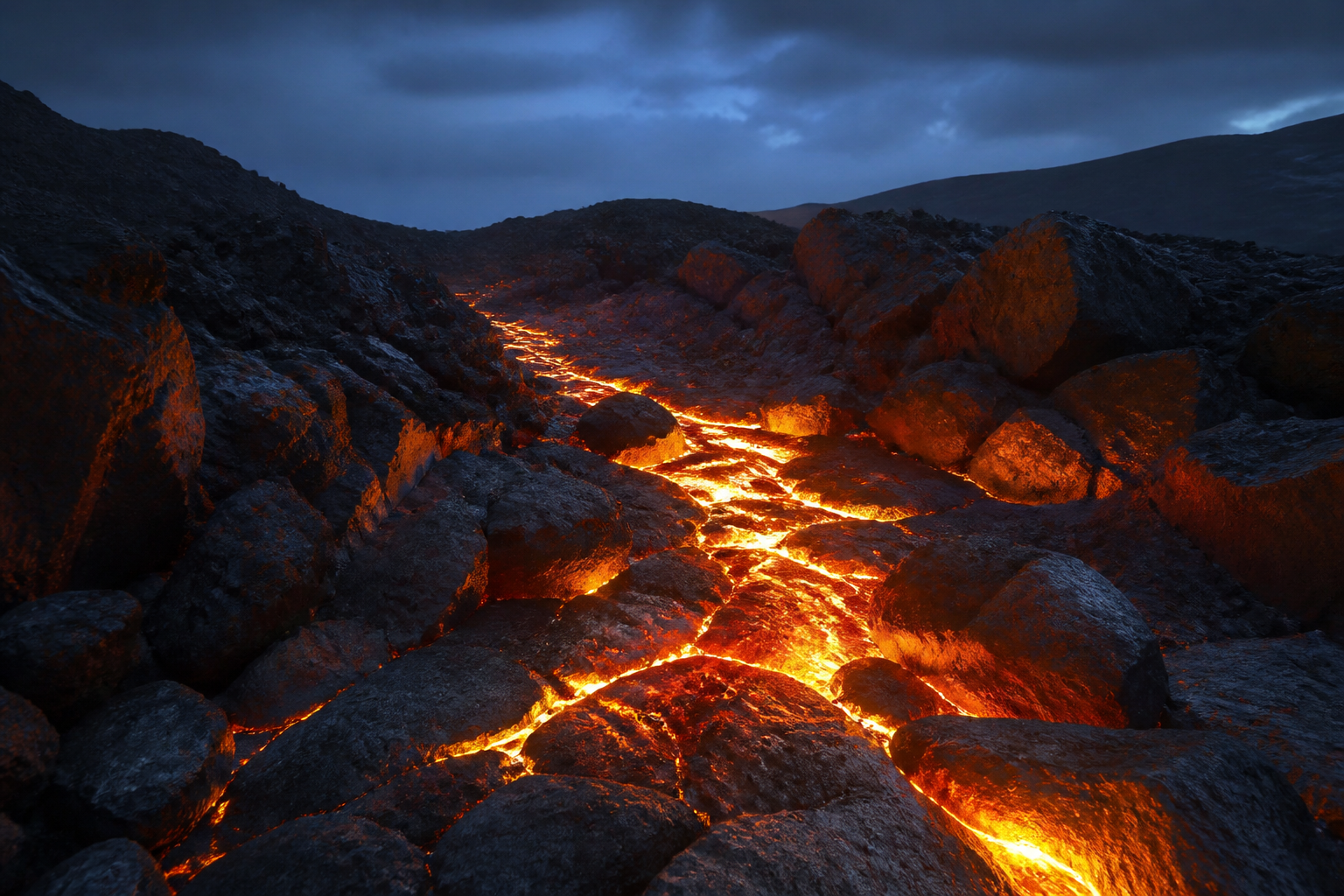 Painted study of a dark rock field split by a glowing lava channel, showing white hot cracks, orange bounce light filling the shadows of nearby boulders and a cold blue rim from the sky above