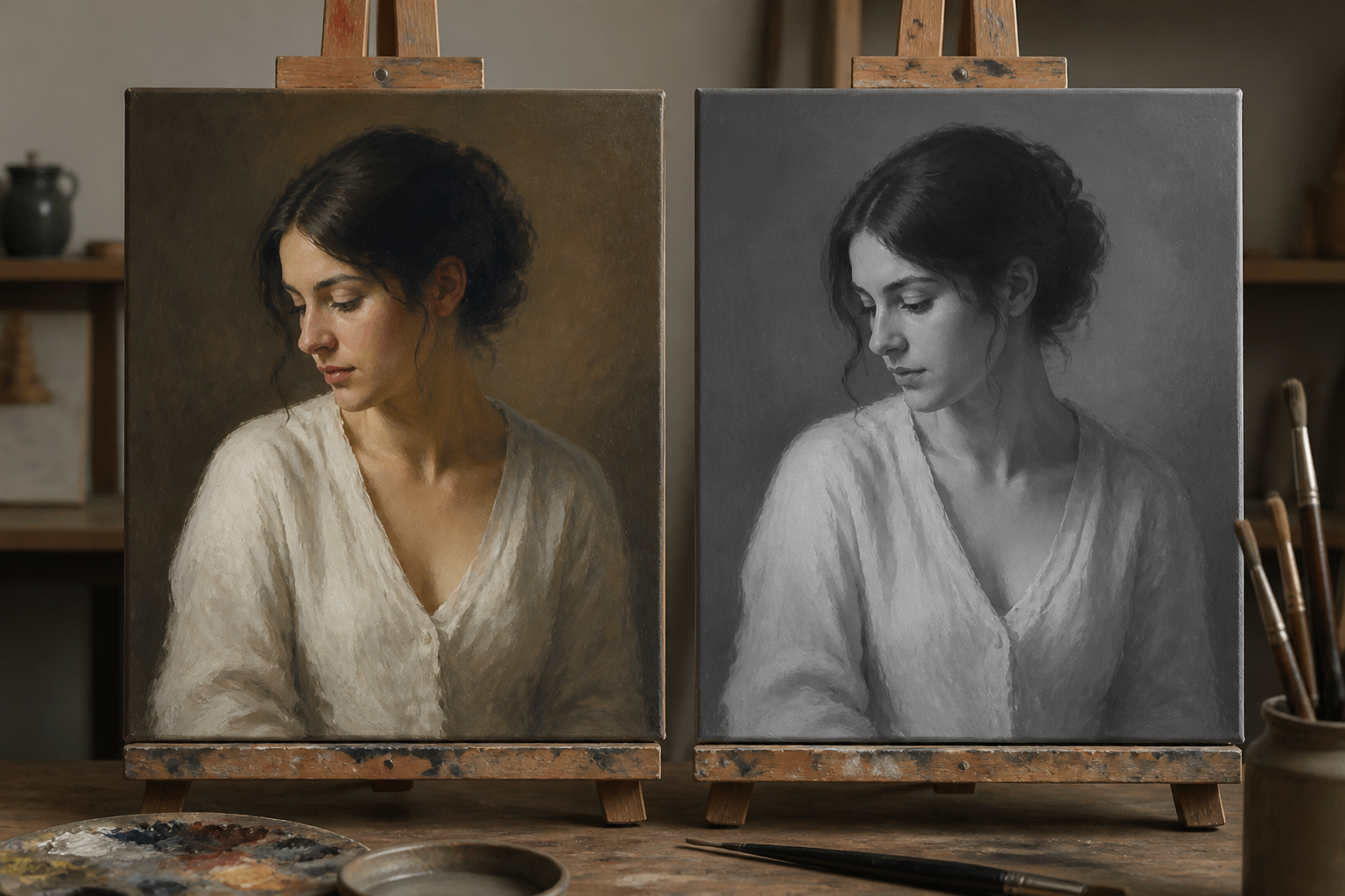 Side by side comparison of the same painted portrait: on the left the full colour version, on the right the same image reduced to five grey values showing its light and dark structure